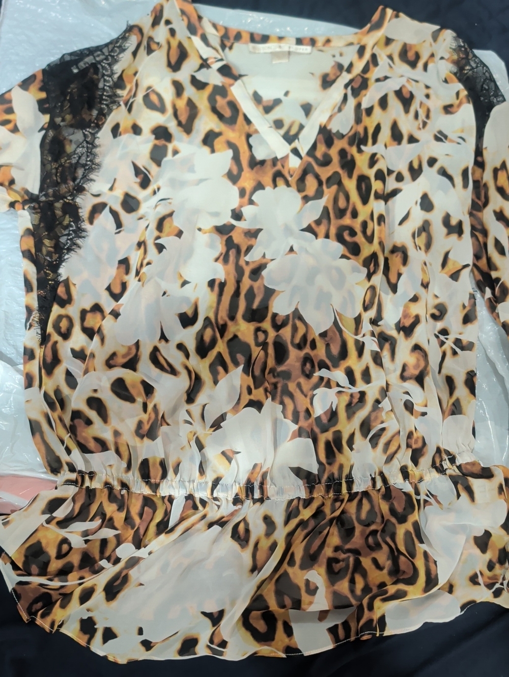 Boston Proper Leopard Print Sheer Blouse with Black Lace Trim.